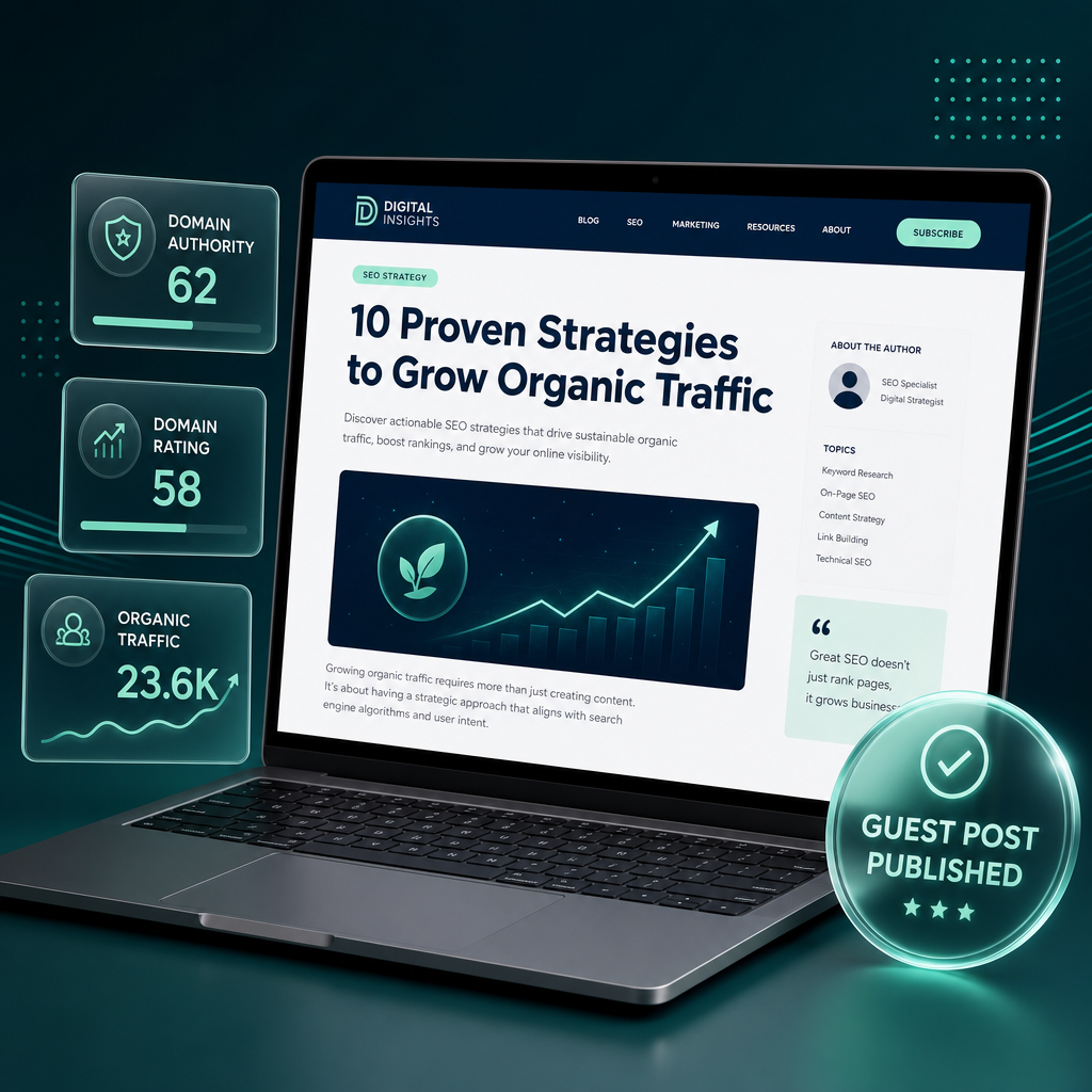 Published guest post article with a high quality backlink and rising domain authority, domain rating and organic traffic metrics
